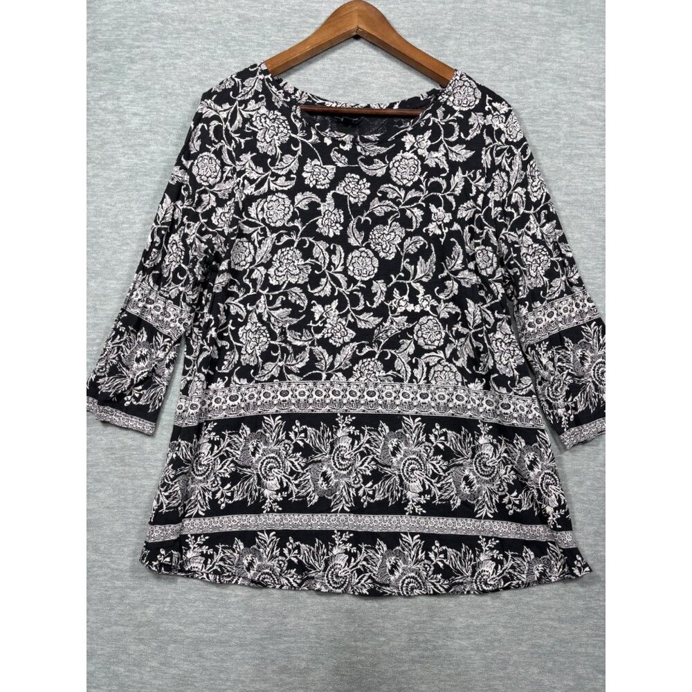 Lucky Brand Womens Top 1X Black White Floral 3/4 Sleeve Tunic Style Boho